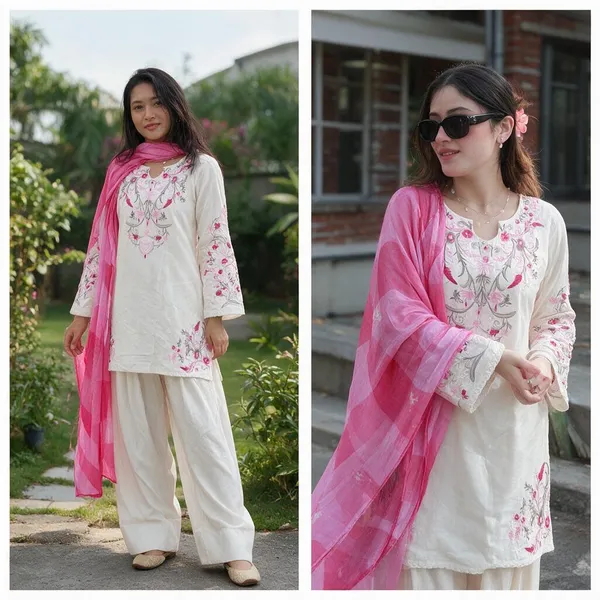 Cream_Embroidered_Kurta_Set_With_Pink_Dupatta_for_Women