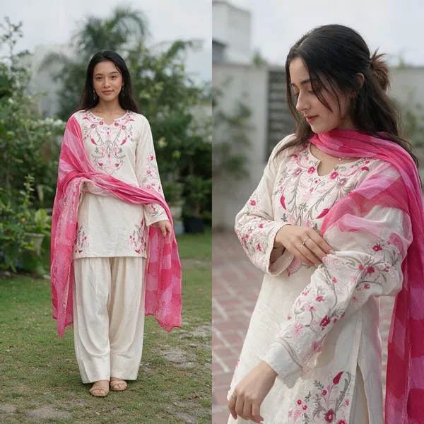 Cream_Embroidered_Kurta_Set_With_Pink_Dupatta_for_Women