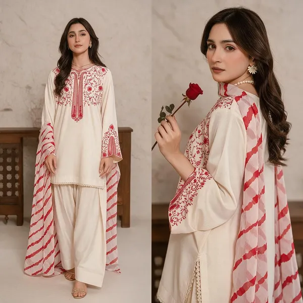 Cream_And_Red_Printed_Kurta_Set_For_Women