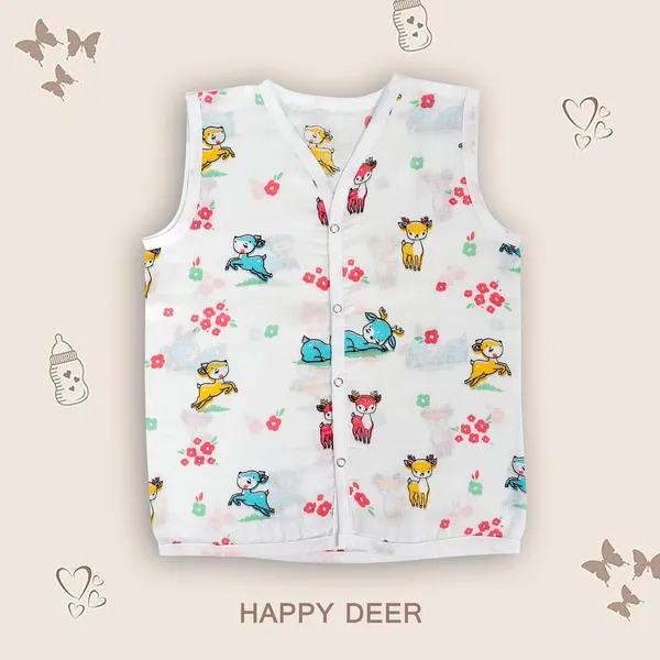 White_Muslin_Cotton_Deer_Print_Sleeveless_Jhabla_Shorts_Co-Ord_Set