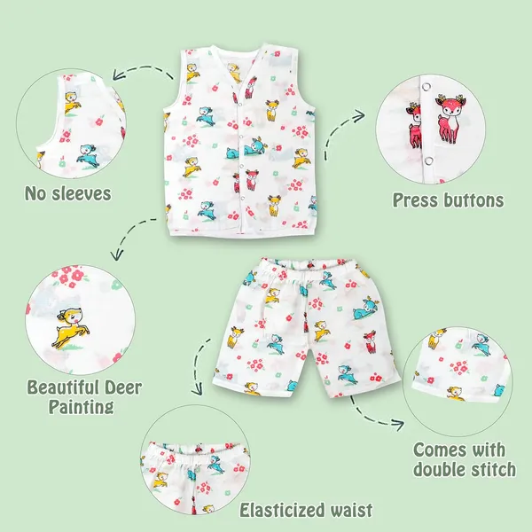 White_Muslin_Cotton_Deer_Print_Sleeveless_Jhabla_Shorts_Co-Ord_Set