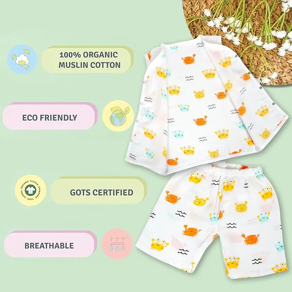 White_Muslin_Cotton_Deer_Print_Sleeveless_Jhabla_Shorts_Co-Ord_Set