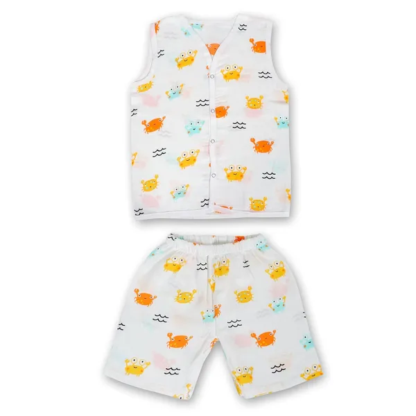White_Muslin_Cotton_Deer_Print_Sleeveless_Jhabla_Shorts_Co-Ord_Set