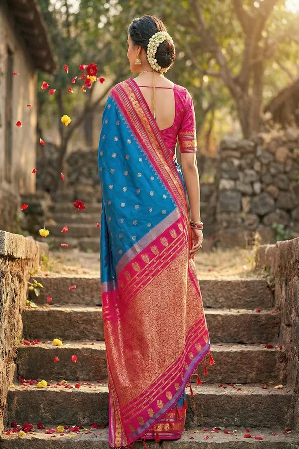 Teal_Blue_Silk_Saree_With_Pink_Gold_Zari_Border_Default_Title