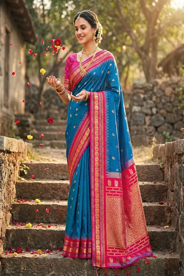 Teal_Blue_Silk_Saree_With_Pink_Gold_Zari_Border_Default_Title