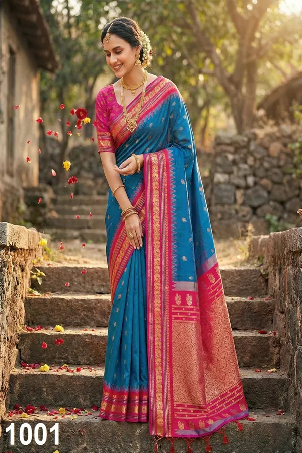 Teal_Blue_Silk_Saree_With_Pink_Gold_Zari_Border_Default_Title