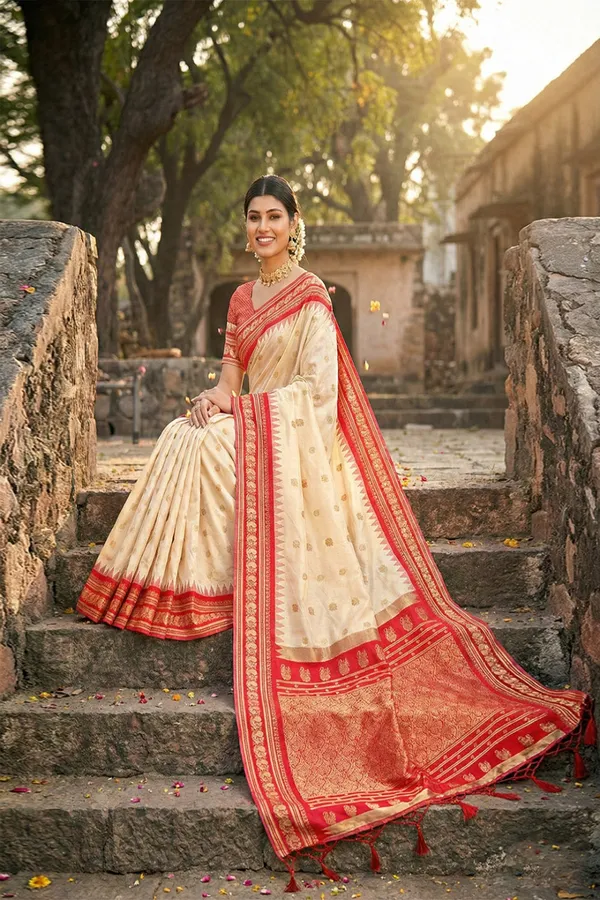 Ivory_Cream_Traditional_Saree_With_Red_Temple_Border_Zari_Weaving_Banaras_Silk_Silk_Saree