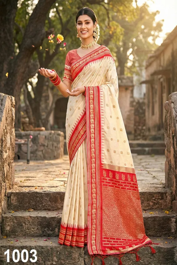 Ivory_Cream_Traditional_Saree_With_Red_Temple_Border_Zari_Weaving_Banaras_Silk_Silk_Saree
