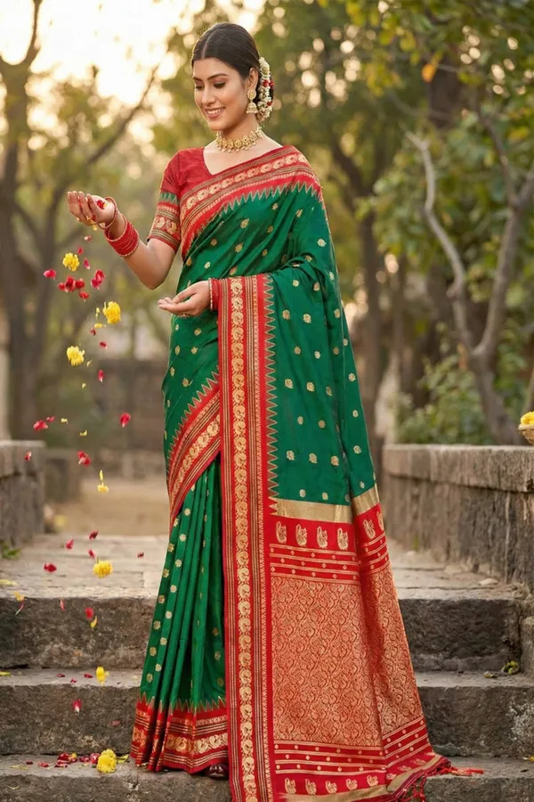 Green_Banarasi_Silk_Saree_With_Red_Zari_Border_Banaras_Silk_Silk_Saree