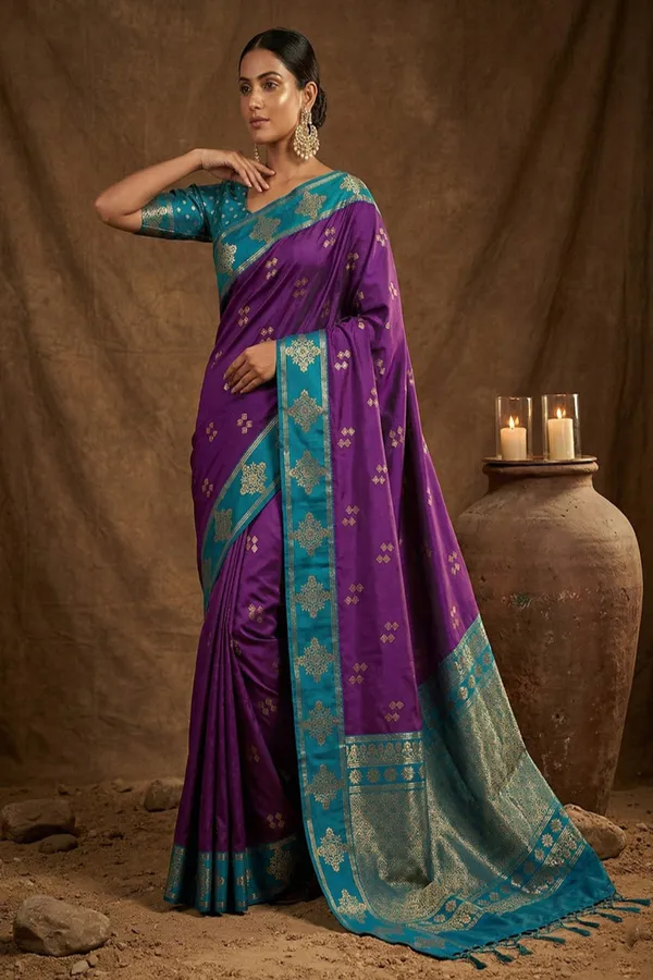 Purple_Silk_Saree_With_Teal_Green_Zari_Border_Rich_Pallu_Banarasi_Saree_Silk_Saree