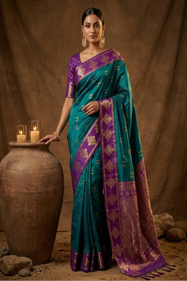 Purple_Silk_Saree_With_Teal_Green_Zari_Border_Rich_Pallu_Banarasi_Saree_Silk_Saree