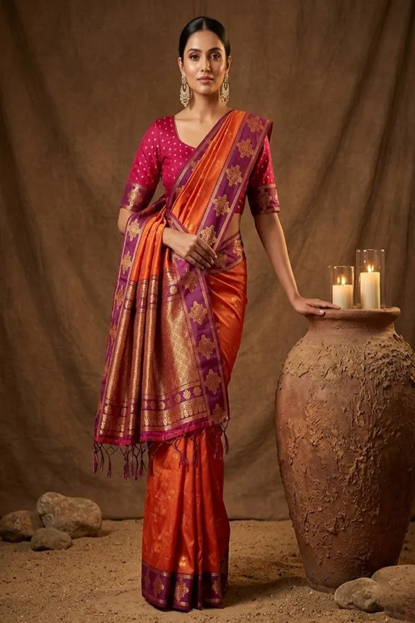 Orange_Silk_Saree_With_Pink_Zari_Border_Rich_Pallu_Banarasi_Silk_Saree_Silk_Saree