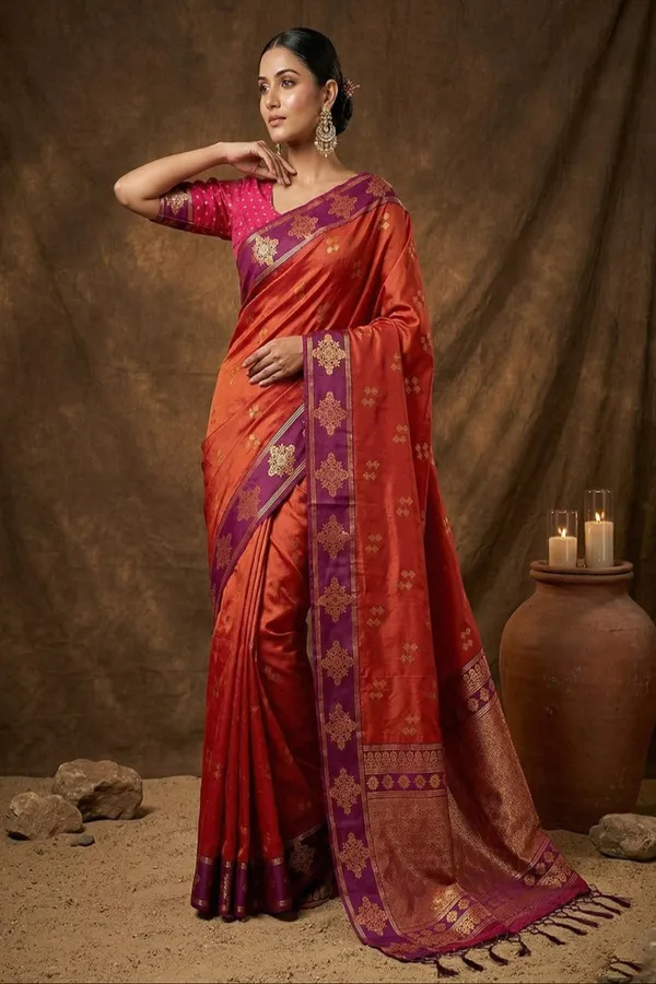 Orange_Silk_Saree_With_Pink_Zari_Border_Rich_Pallu_Banarasi_Silk_Saree_Silk_Saree