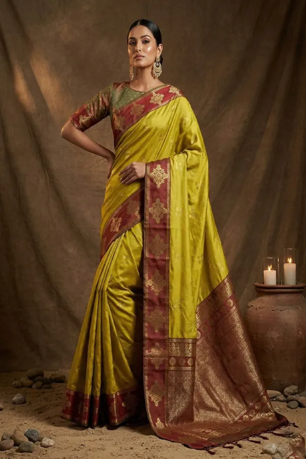 Mustard_Yellow_Silk_Saree_With_Maroon_Zari_Border_Rich_Pallu_Banarasi_Silk_Saree_Silk_Saree