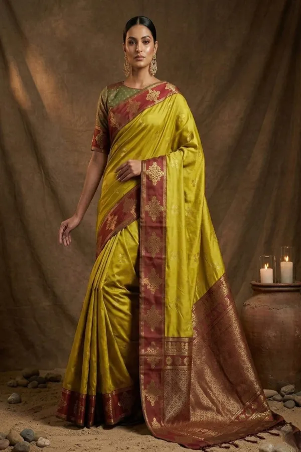 Mustard_Yellow_Silk_Saree_With_Maroon_Zari_Border_Rich_Pallu_Banarasi_Silk_Saree_Silk_Saree