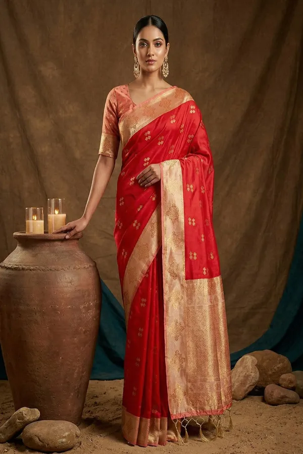 Red_Silk_Saree_With_Gold_Zari_Border_Rich_Pallu_Banarasi_Silk_Saree_Silk_Saree