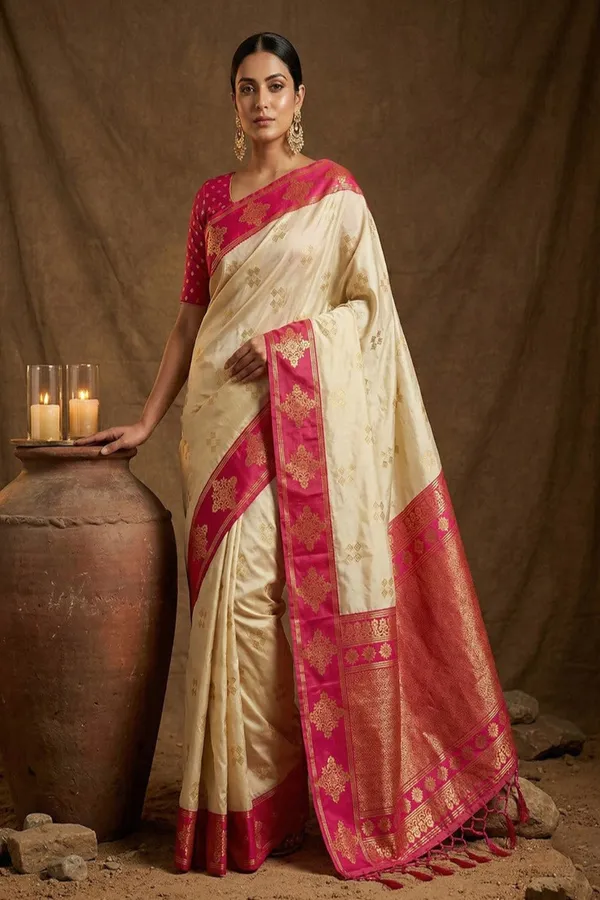 Cream_Silk_Saree_With_Pink_Zari_Border_Rich_Pallu_Banarasi_Silk_Saree_Silk_Saree