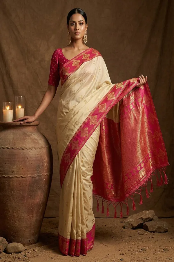 Cream_Silk_Saree_With_Pink_Zari_Border_Rich_Pallu_Banarasi_Silk_Saree_Silk_Saree
