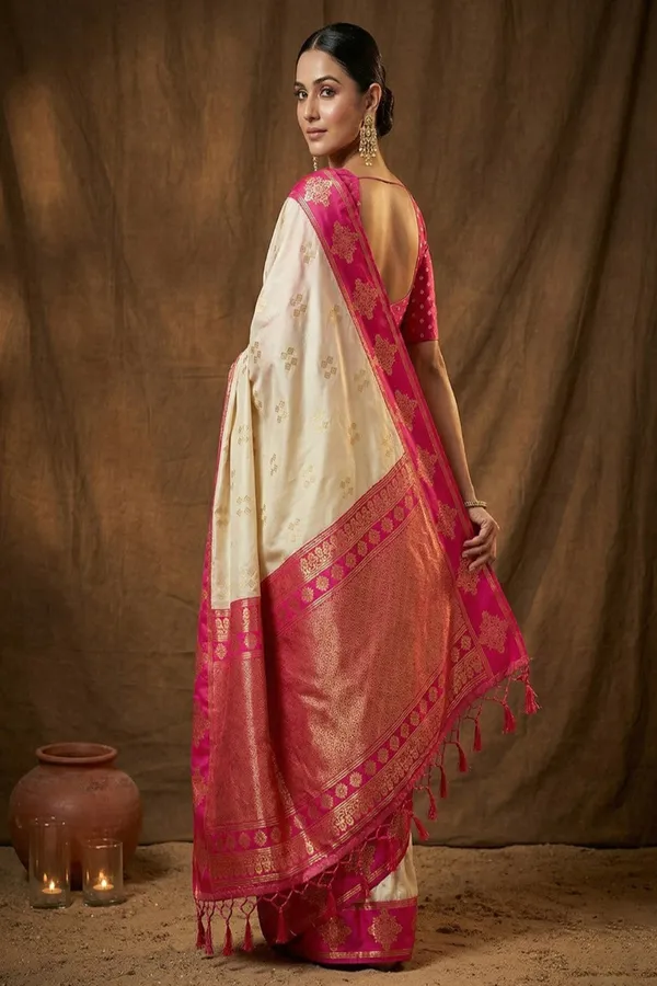 Cream_Silk_Saree_With_Pink_Zari_Border_Rich_Pallu_Banarasi_Silk_Saree_Silk_Saree