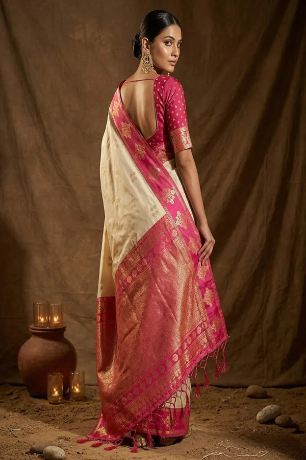 Cream_Silk_Saree_With_Pink_Zari_Border_Rich_Pallu_Banarasi_Silk_Saree_Silk_Saree