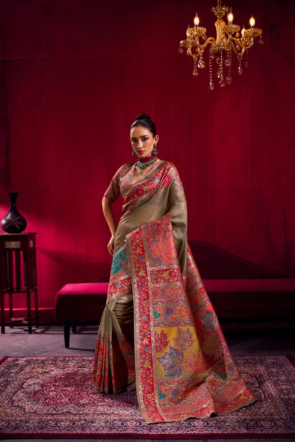 Premium_Olive_Green_Kanjivaram_Silk_Saree_With_Rich_Multicolor_Floral_Zari_Border_Kanjivaram_Saree_Silk_Saree