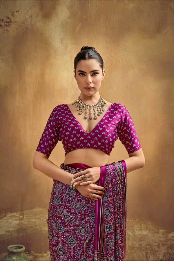 Magenta_Printed_Silk_Saree_With_Traditional_Ajrakh_Inspired_Geometric_Design_Ajrakh_Saree_Satin_Saree