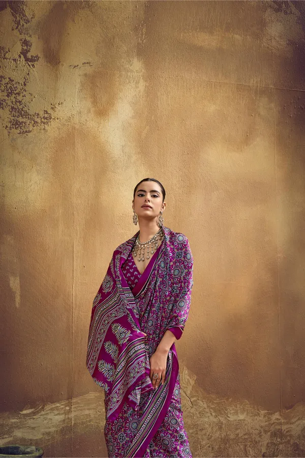 Magenta_Printed_Silk_Saree_With_Traditional_Ajrakh_Inspired_Geometric_Design_Ajrakh_Saree_Satin_Saree