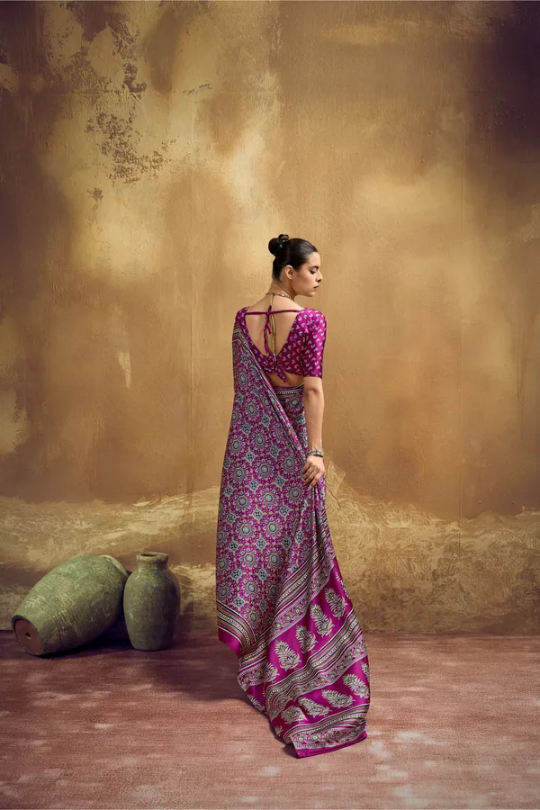 Magenta_Printed_Silk_Saree_With_Traditional_Ajrakh_Inspired_Geometric_Design_Ajrakh_Saree_Satin_Saree