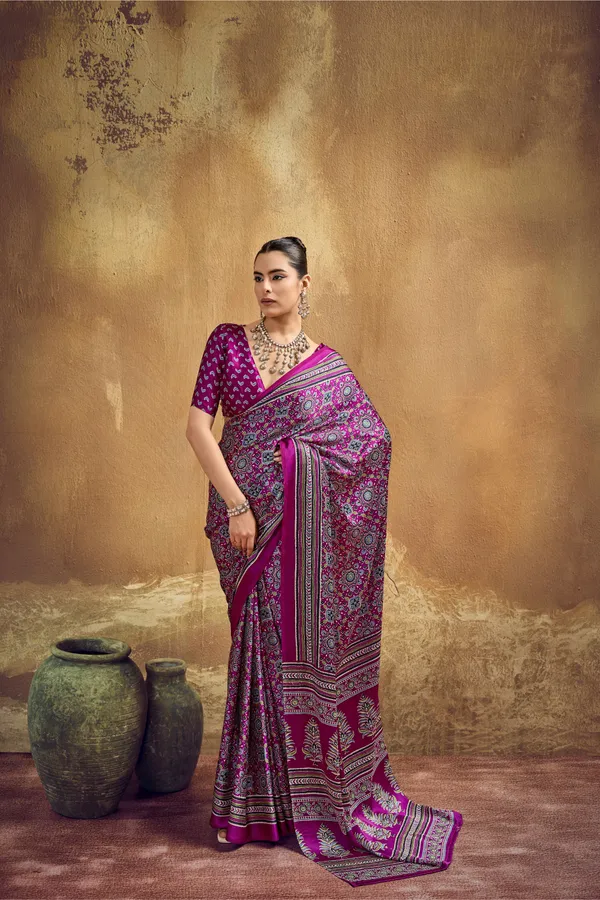 Magenta_Printed_Silk_Saree_With_Traditional_Ajrakh_Inspired_Geometric_Design_Ajrakh_Saree_Satin_Saree