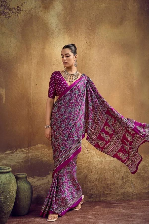 Magenta_Printed_Silk_Saree_With_Traditional_Ajrakh_Inspired_Geometric_Design_Ajrakh_Saree_Satin_Saree