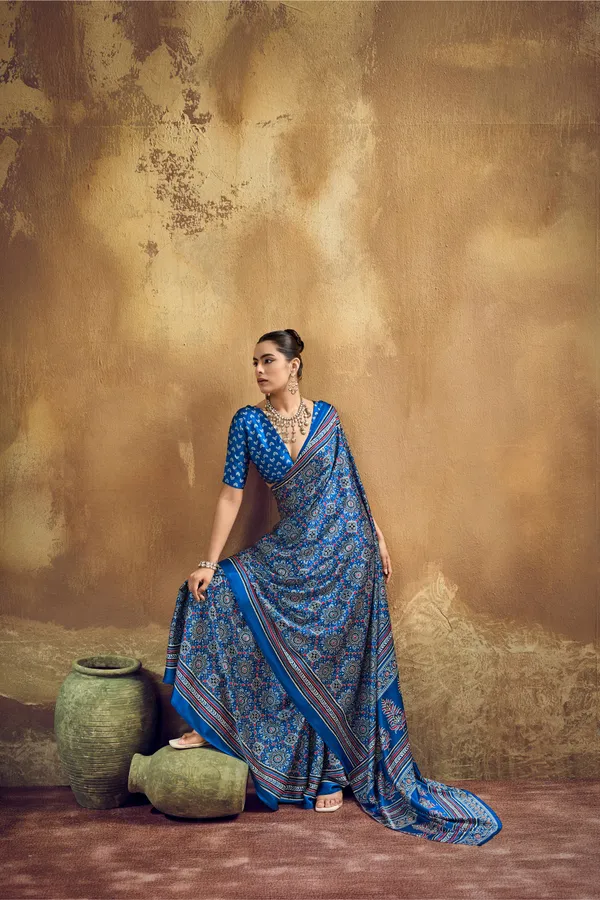 Royal_Blue_Printed_Silk_Saree_With_Ajrakh_Inspired_Traditional_Motifs_Ajrakh_Saree_Satin_Saree