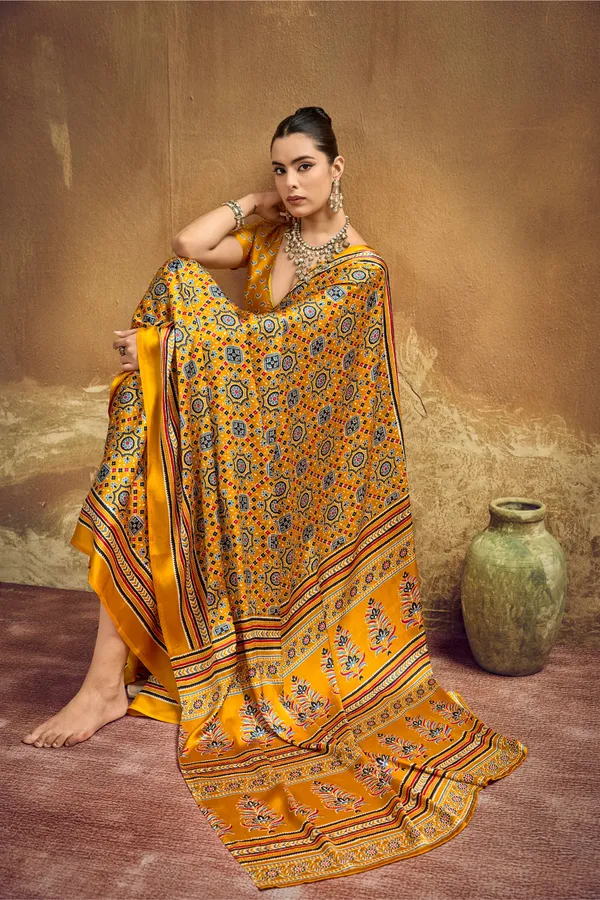 Mustard_Yellow_Printed_Silk_Saree_With_Ajrakh_Inspired_Geometric_Motifs_Ajrakh_Saree_Satin_Saree