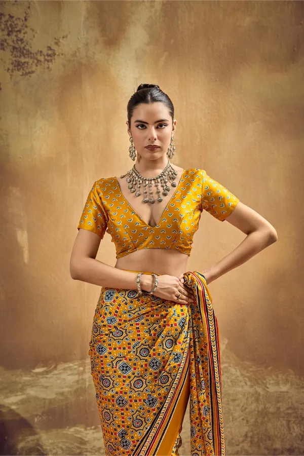 Mustard_Yellow_Printed_Silk_Saree_With_Ajrakh_Inspired_Geometric_Motifs_Ajrakh_Saree_Satin_Saree