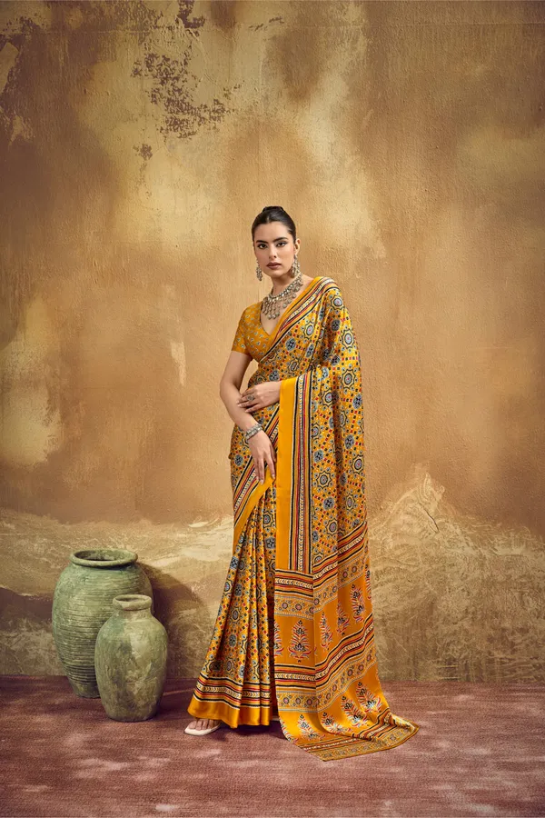 Mustard_Yellow_Printed_Silk_Saree_With_Ajrakh_Inspired_Geometric_Motifs_Ajrakh_Saree_Satin_Saree