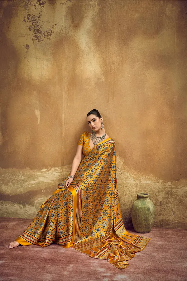 Mustard_Yellow_Printed_Silk_Saree_With_Ajrakh_Inspired_Geometric_Motifs_Ajrakh_Saree_Satin_Saree