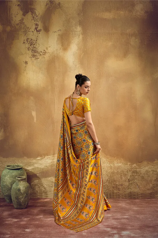 Mustard_Yellow_Printed_Silk_Saree_With_Ajrakh_Inspired_Geometric_Motifs_Ajrakh_Saree_Satin_Saree