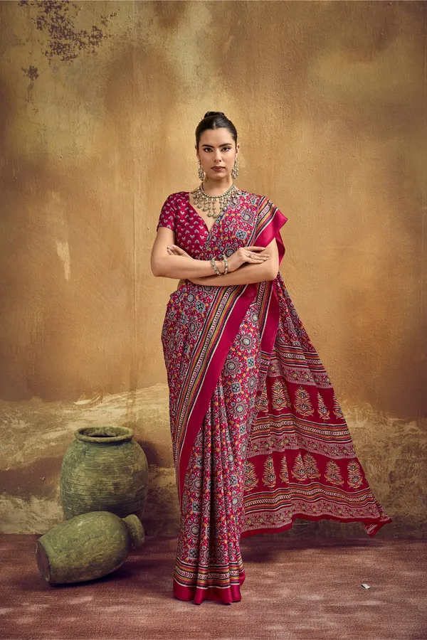 Deep_Red_Printed_Silk_Saree_With_Ajrakh_Inspired_Traditional_Motifs_Ajrakh_Saree_Satin_Saree