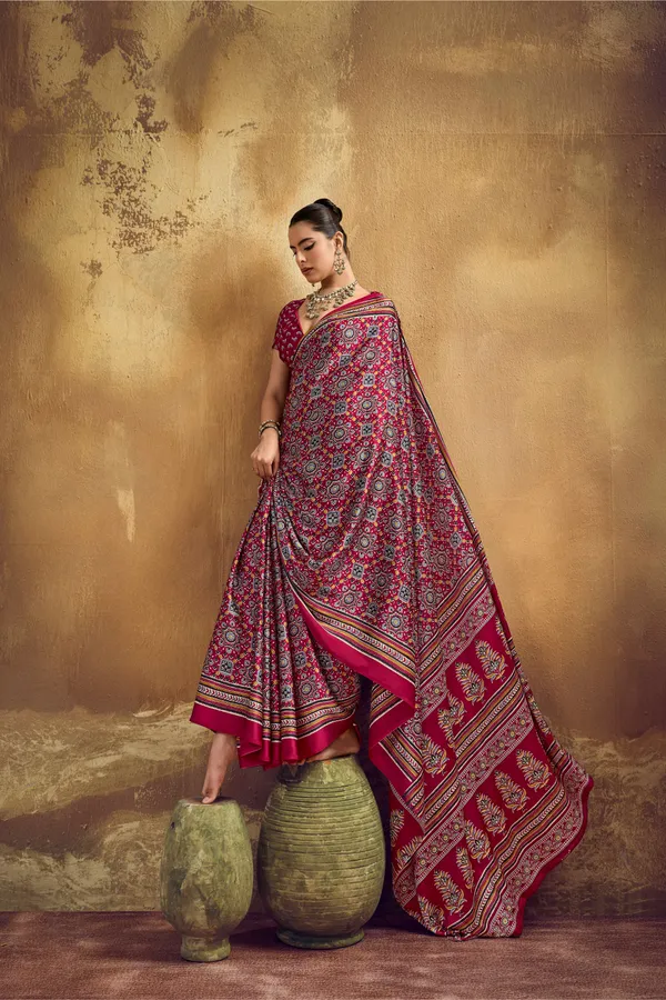 Deep_Red_Printed_Silk_Saree_With_Ajrakh_Inspired_Traditional_Motifs_Ajrakh_Saree_Satin_Saree