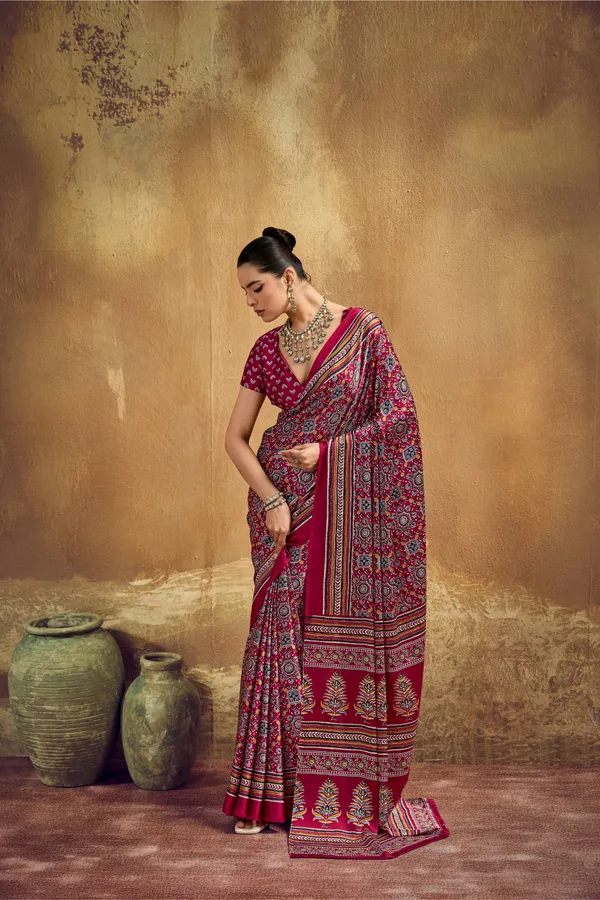 Deep_Red_Printed_Silk_Saree_With_Ajrakh_Inspired_Traditional_Motifs_Ajrakh_Saree_Satin_Saree