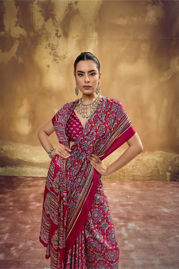 Deep_Red_Printed_Silk_Saree_With_Ajrakh_Inspired_Traditional_Motifs_Ajrakh_Saree_Satin_Saree