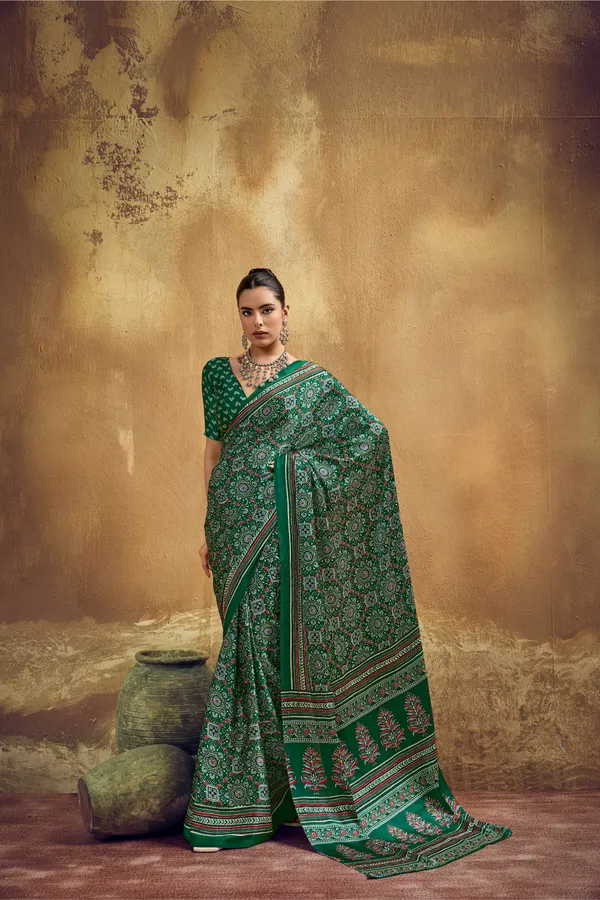 Green_Printed_Silk_Saree_With_Traditional_Ajrakh_Motifs_Ajrakh_Saree_Satin_Saree