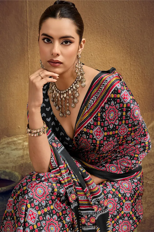 Black_Printed_Silk_Saree_With_Ajrakh_Motifs_Ajrakh_Saree_Satin_Saree