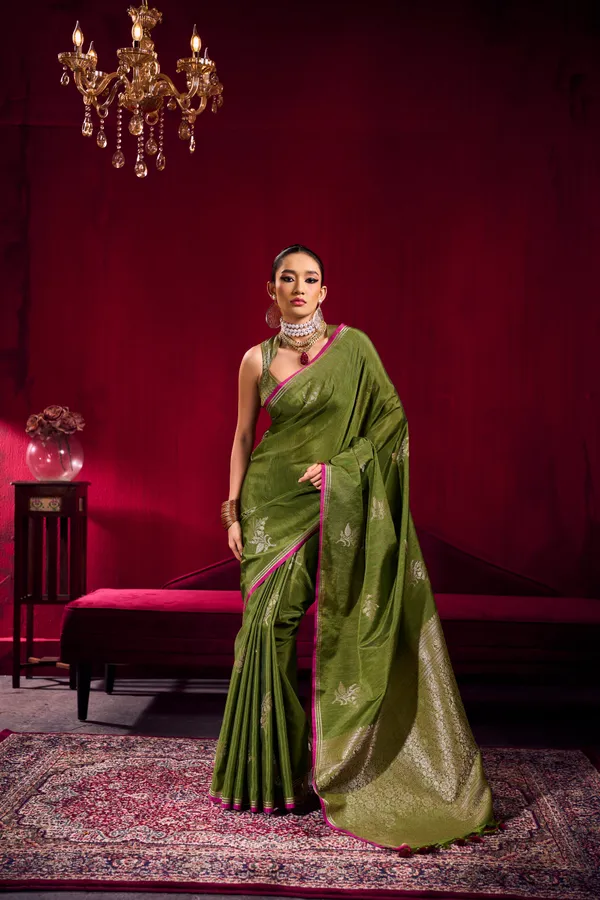 Olive_Green_Linen_Silk_Saree_For_Women_With_Contrast_Border_Banarasi_Saree_Silk_Saree
