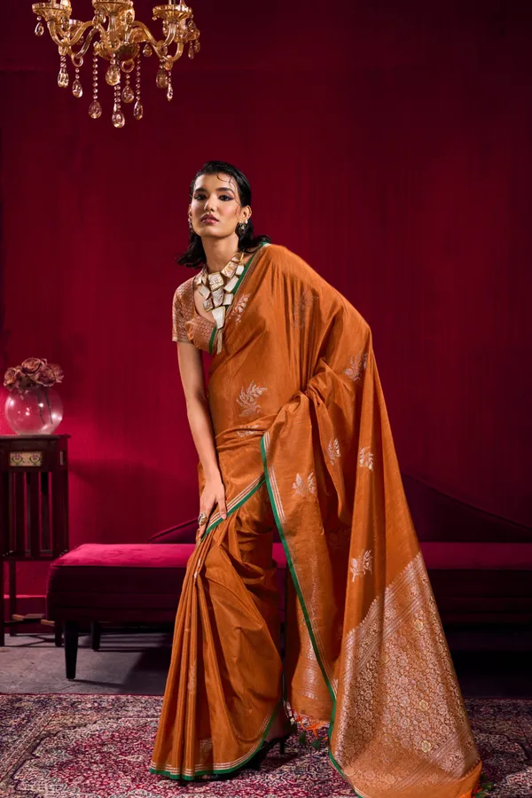 Rust_Orange_Linen_Silk_Saree_For_Women_With_Elegant_Woven_Border_Banarasi_Saree_Silk_Saree