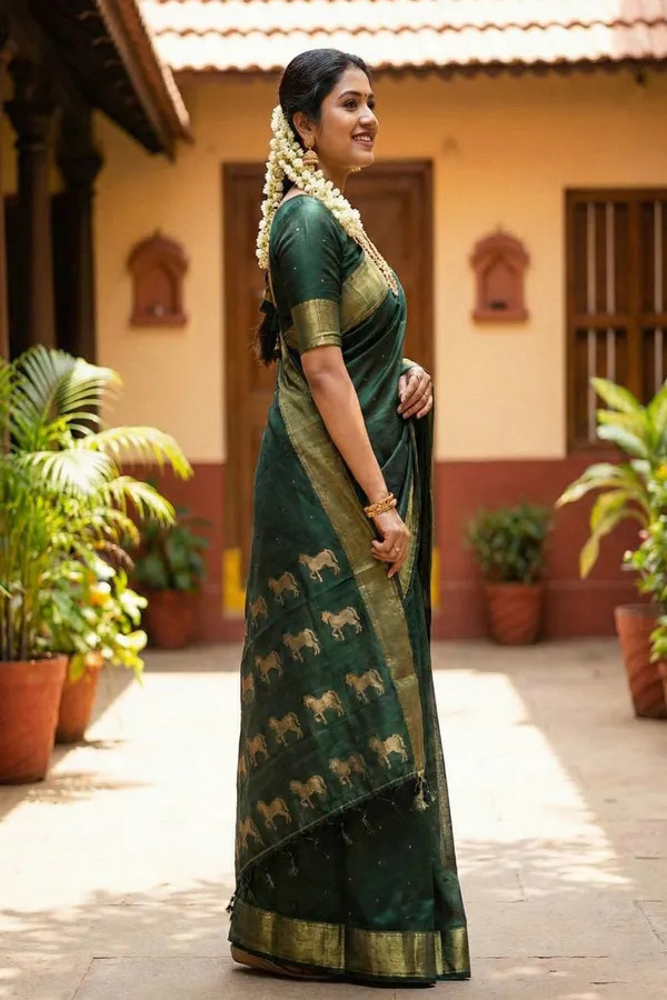 Dark_Green_Traditional_Silk_Saree_For_Women_With_Golden_Zari_Border_Default_Title