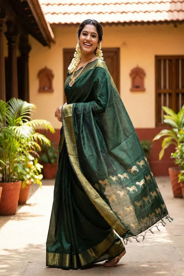 Dark_Green_Traditional_Silk_Saree_For_Women_With_Golden_Zari_Border_Default_Title