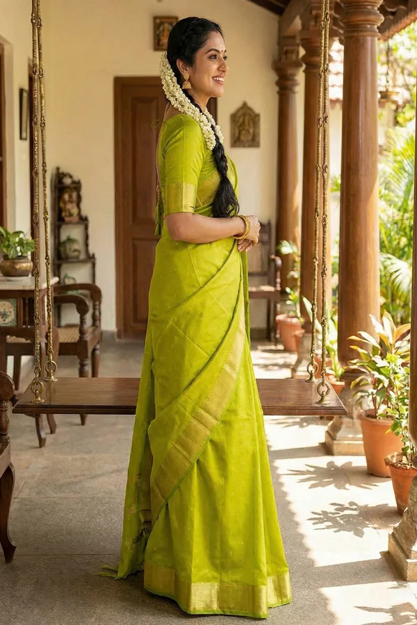 Elegant_Lime_Green_Soft_Silk_Saree_With_Golden_Zari_Border_Default_Title