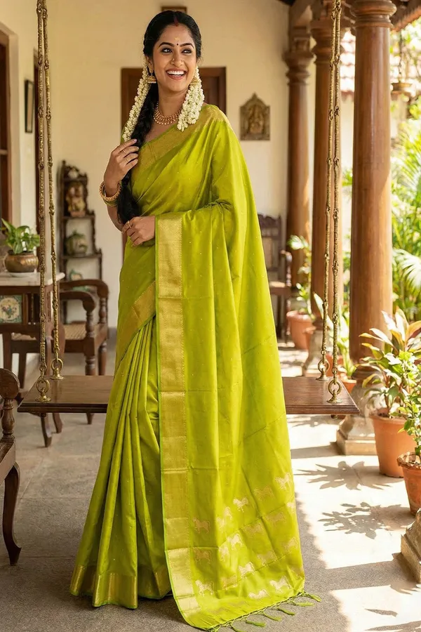 Elegant_Lime_Green_Soft_Silk_Saree_With_Golden_Zari_Border_Default_Title