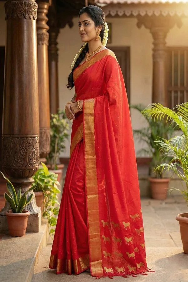 Elegant_Red_Soft_Silk_Saree_With_Golden_Zari_Border_Horse_Motif_Pallu_For_Women_Default_Title