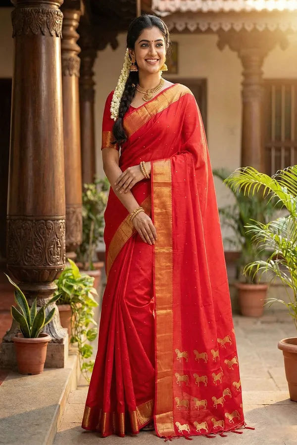 Elegant_Red_Soft_Silk_Saree_With_Golden_Zari_Border_Horse_Motif_Pallu_For_Women_Default_Title